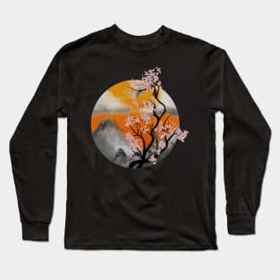 Japanese cherry tree watercolor painting with mountains Long Sleeve T-Shirt